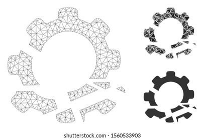 Mesh gear destruction model with triangle mosaic icon. Wire frame triangular mesh of gear destruction. Vector mosaic of triangles in various sizes, and color shades. Abstract 2d mesh gear destruction,