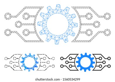Mesh gear electronic factory model with triangle mosaic icon. Wire frame polygonal network of gear electronic factory. Vector mosaic of triangle parts in various sizes, and color tints.