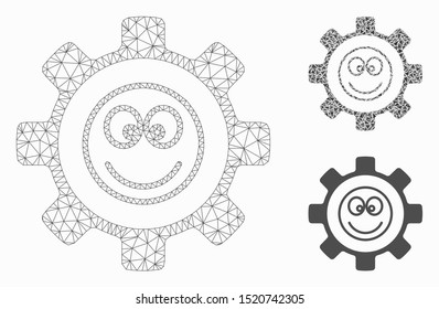 Mesh gear happy smile model with triangle mosaic icon. Wire carcass polygonal mesh of gear happy smile. Vector mosaic of triangle parts in variable sizes, and color hues.