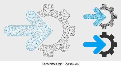 Mesh gear integration model with triangle mosaic icon. Wire carcass triangular network of gear integration. Vector mosaic of triangle parts in variable sizes, and color tinges.