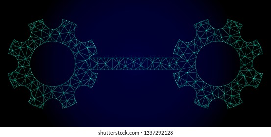 Mesh gear links polygonal illustration. Abstract mesh lines, triangles and points on dark background with gear links. Wire frame 2D polygonal line network in vector format on a dark blue background.