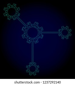 Mesh gear links polygonal illustration. Abstract mesh lines, triangles and points on dark background with gear links. Wire frame 2D polygonal line network in vector format on a dark blue background.