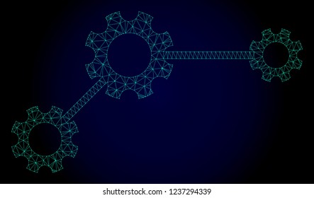 Mesh gear links polygonal illustration. Abstract mesh lines, triangles and points on dark background with gear links. Wire frame 2D polygonal line network in vector format on a dark blue background.