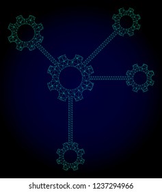 Mesh gear links polygonal illustration. Abstract mesh lines, triangles and points on dark background with gear links. Wire frame 2D polygonal line network in vector format on a dark blue background.