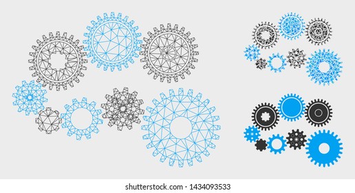Mesh gear mechanism model with triangle mosaic icon. Wire carcass polygonal mesh of gear mechanism. Vector mosaic of triangle parts in various sizes, and color shades. Abstract 2d mesh gear mechanism,