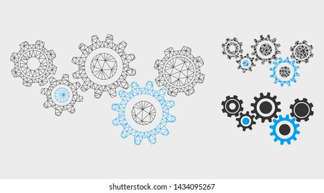 Mesh gear mechanism model with triangle mosaic icon. Wire frame polygonal mesh of gear mechanism. Vector mosaic of triangle parts in variable sizes, and color tones. Abstract 2d mesh gear mechanism,