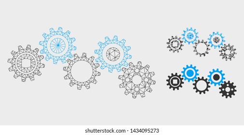 Mesh gear mechanism model with triangle mosaic icon. Wire frame polygonal mesh of gear mechanism. Vector mosaic of triangle elements in variable sizes, and color tinges.