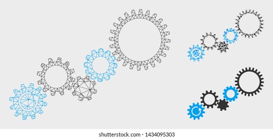 Mesh gear mechanism model with triangle mosaic icon. Wire carcass polygonal mesh of gear mechanism. Vector mosaic of triangle elements in various sizes, and color tones.
