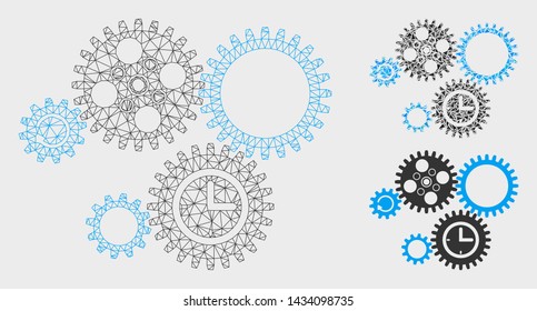 Mesh gear mechanism model with triangle mosaic icon. Wire frame polygonal mesh of gear mechanism. Vector mosaic of triangle parts in various sizes, and color tones. Abstract 2d mesh gear mechanism,