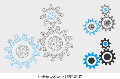 Mesh gear mechanism model with triangle mosaic icon. Wire frame polygonal mesh of gear mechanism. Vector mosaic of triangle parts in different sizes, and color tones. Abstract 2d mesh gear mechanism,