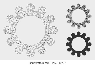 Mesh gear model with triangle mosaic icon. Wire frame polygonal mesh of gear. Vector composition of triangle parts in various sizes, and color shades. Abstract 2d mesh gear,
