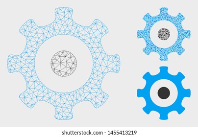 Mesh gear model with triangle mosaic icon. Wire frame polygonal mesh of gear. Vector mosaic of triangle parts in variable sizes, and color tones. Abstract 2d mesh gear, built from polygonal grid.