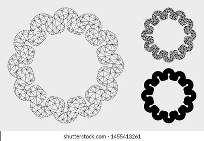 Mesh gear model with triangle mosaic icon. Wire carcass triangular mesh of gear. Vector mosaic of triangle elements in variable sizes, and color shades. Abstract 2d mesh gear,