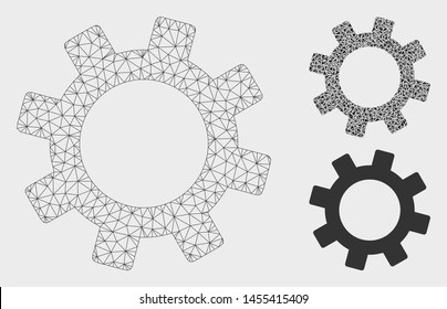 Mesh gear model with triangle mosaic icon. Wire carcass polygonal mesh of gear. Vector mosaic of triangle parts in variable sizes, and color hues. Abstract 2d mesh gear, designed with triangles.