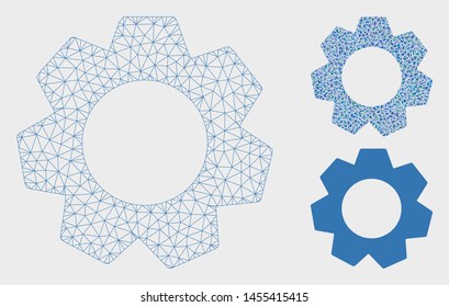 Mesh gear model with triangle mosaic icon. Wire carcass triangular mesh of gear. Vector mosaic of triangle parts in various sizes, and color shades. Abstract 2d mesh gear,