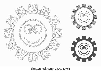Mesh gear smile smiley model with triangle mosaic icon. Wire frame polygonal network of gear smile smiley. Vector mosaic of triangles in various sizes, and color hues.