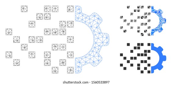 Mesh gear synthesis model with triangle mosaic icon. Wire carcass polygonal mesh of gear synthesis. Vector collage of triangle elements in various sizes, and color shades.