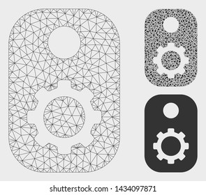 Mesh gear tag model with triangle mosaic icon. Wire frame polygonal network of gear tag. Vector mosaic of triangle parts in variable sizes, and color tints. Abstract flat mesh gear tag,