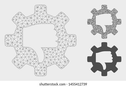 Mesh gear thumb down model with triangle mosaic icon. Wire carcass triangular mesh of gear thumb down. Vector mosaic of triangle elements in different sizes, and color tinges.