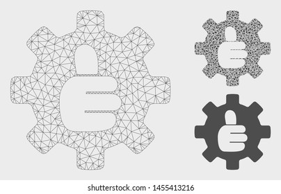 Mesh gear thumb OK model with triangle mosaic icon. Wire frame polygonal mesh of gear thumb OK. Vector mosaic of triangle parts in variable sizes, and color hues. Abstract 2d mesh gear thumb OK,