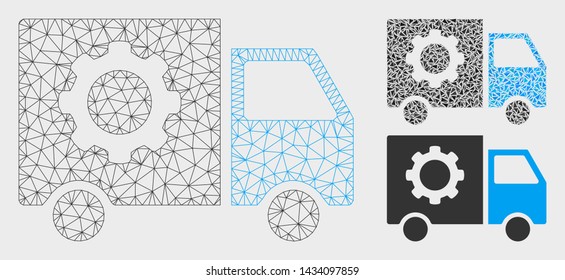 Mesh gear tools delivery car model with triangle mosaic icon. Wire frame triangular mesh of gear tools delivery car. Vector mosaic of triangle elements in variable sizes, and color tinges.