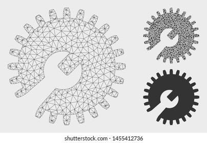 Mesh gear tools model with triangle mosaic icon. Wire carcass polygonal mesh of gear tools. Vector collage of triangle elements in variable sizes, and color tinges. Abstract 2d mesh gear tools,