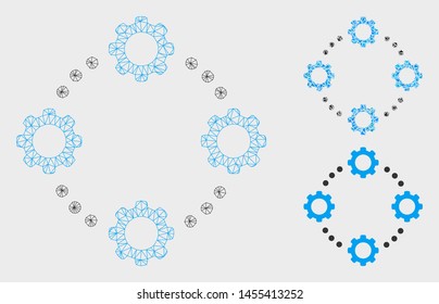 Mesh gear virtual connection model with triangle mosaic icon. Wire carcass triangular mesh of gear virtual connection. Vector mosaic of triangle elements in various sizes, and color tints.