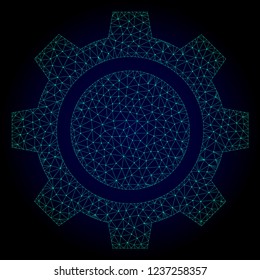 Mesh gear wheel polygonal illustration. Abstract mesh lines, triangles and points on dark background with gear wheel. Wire frame 2D polygonal line network in vector format on a dark blue background.