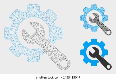 Mesh gear and wrench model with triangle mosaic icon. Wire carcass triangular mesh of gear and wrench. Vector composition of triangle parts in variable sizes, and color hues.