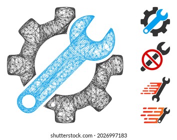 Mesh gear and wrench options web icon vector illustration. Carcass model is created from gear and wrench options flat icon. Mesh forms abstract gear and wrench options flat carcass.