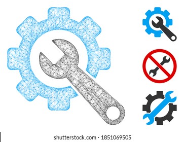 Mesh gear and wrench polygonal web 2d vector illustration. Carcass model is created from gear and wrench flat icon. Triangular mesh forms abstract gear and wrench flat carcass.