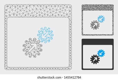 Mesh gears integration calendar page model with triangle mosaic icon. Wire carcass polygonal mesh of gears integration calendar page. Vector collage of triangle elements in variable sizes,