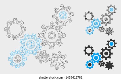 Mesh gears mechanism model with triangle mosaic icon. Wire carcass triangular mesh of gears mechanism. Vector mosaic of triangles in various sizes, and color tones. Abstract flat mesh gears mechanism,