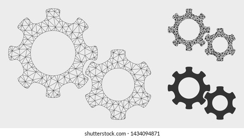 Mesh gears model with triangle mosaic icon. Wire frame polygonal network of gears. Vector mosaic of triangles in variable sizes, and color tints. Abstract 2d mesh gears, designed with triangles.
