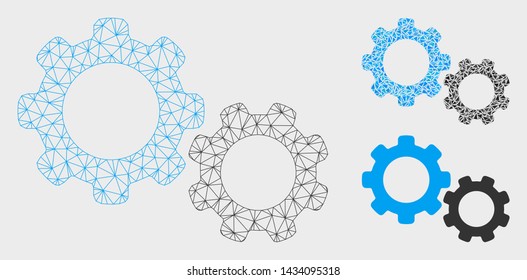 Mesh gears model with triangle mosaic icon. Wire frame triangular mesh of gears. Vector collage of triangle elements in different sizes, and color tints. Abstract flat mesh gears,
