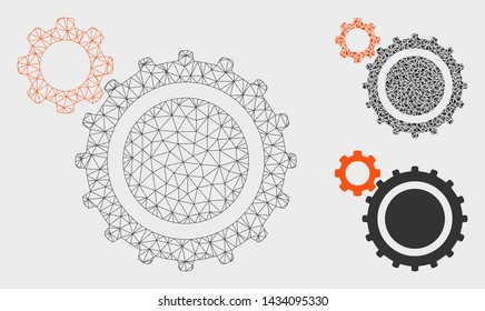 Mesh gears model with triangle mosaic icon. Wire carcass polygonal network of gears. Vector mosaic of triangle parts in different sizes, and color tints. Abstract flat mesh gears,