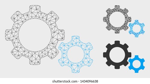 Mesh gears model with triangle mosaic icon. Wire carcass polygonal mesh of gears. Vector mosaic of triangle elements in different sizes, and color tones. Abstract 2d mesh gears,