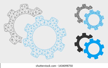 Mesh gears model with triangle mosaic icon. Wire carcass polygonal mesh of gears. Vector mosaic of triangle elements in various sizes, and color hues. Abstract 2d mesh gears,