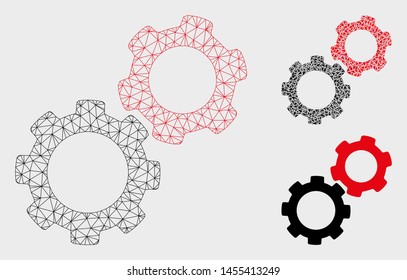Mesh gears model with triangle mosaic icon. Wire carcass triangular mesh of gears. Vector mosaic of triangles in different sizes, and color hues. Abstract flat mesh gears, designed with triangles.