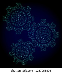 Mesh gears polygonal illustration. Abstract mesh lines, triangles and points on dark background with gears. Wire frame 2D polygonal line network in vector format on a dark blue background.