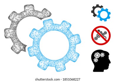 Mesh gears polygonal web icon vector illustration. Carcass model is based on gears flat icon. Triangular network forms abstract gears flat model.