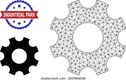 Mesh Gearwheel Wireframe Icon, And Bicolor Grunge Industrial Park Watermark. Mesh Wireframe Image Created From Gearwheel Icon.