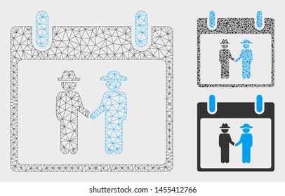 Mesh gemtlemen handshake calendar day model with triangle mosaic icon. Wire frame polygonal mesh of gemtlemen handshake calendar day. Vector mosaic of triangle parts in different sizes,