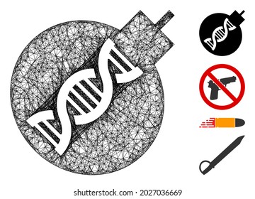Ilustración vectorial del icono de la red de armas genéticas de malla. El modelo de canal se basa en un icono plano de arma genética. La malla forma la carcasa plana de arma genética abstracta.