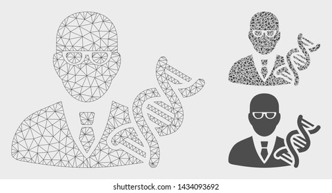 Mesh geneticist model with triangle mosaic icon. Wire frame polygonal mesh of geneticist. Vector composition of triangle elements in variable sizes, and color tints. Abstract flat mesh geneticist,