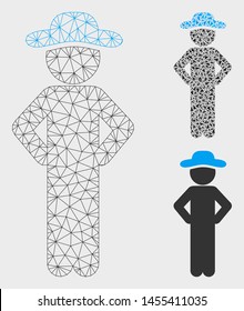 Mesh gentleman akimbo model with triangle mosaic icon. Wire carcass polygonal mesh of gentleman akimbo. Vector composition of triangle elements in various sizes, and color tinges.