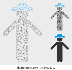 Mesh gentleman apology model with triangle mosaic icon. Wire carcass polygonal network of gentleman apology. Vector mosaic of triangle parts in different sizes, and color shades.