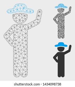 Mesh gentleman assurance model with triangle mosaic icon. Wire carcass triangular mesh of gentleman assurance. Vector mosaic of triangles in different sizes, and color tints.