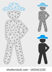 Mesh gentleman audacity model with triangle mosaic icon. Wire carcass polygonal mesh of gentleman audacity. Vector composition of triangle parts in various sizes, and color tints.