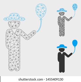 Mesh gentleman with balloon model with triangle mosaic icon. Wire frame triangular mesh of gentleman with balloon. Vector composition of triangle parts in various sizes, and color hues.